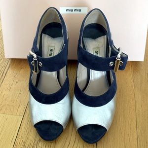 Miu Miu Silver Leather Navy Suede Mary Jane Pumps